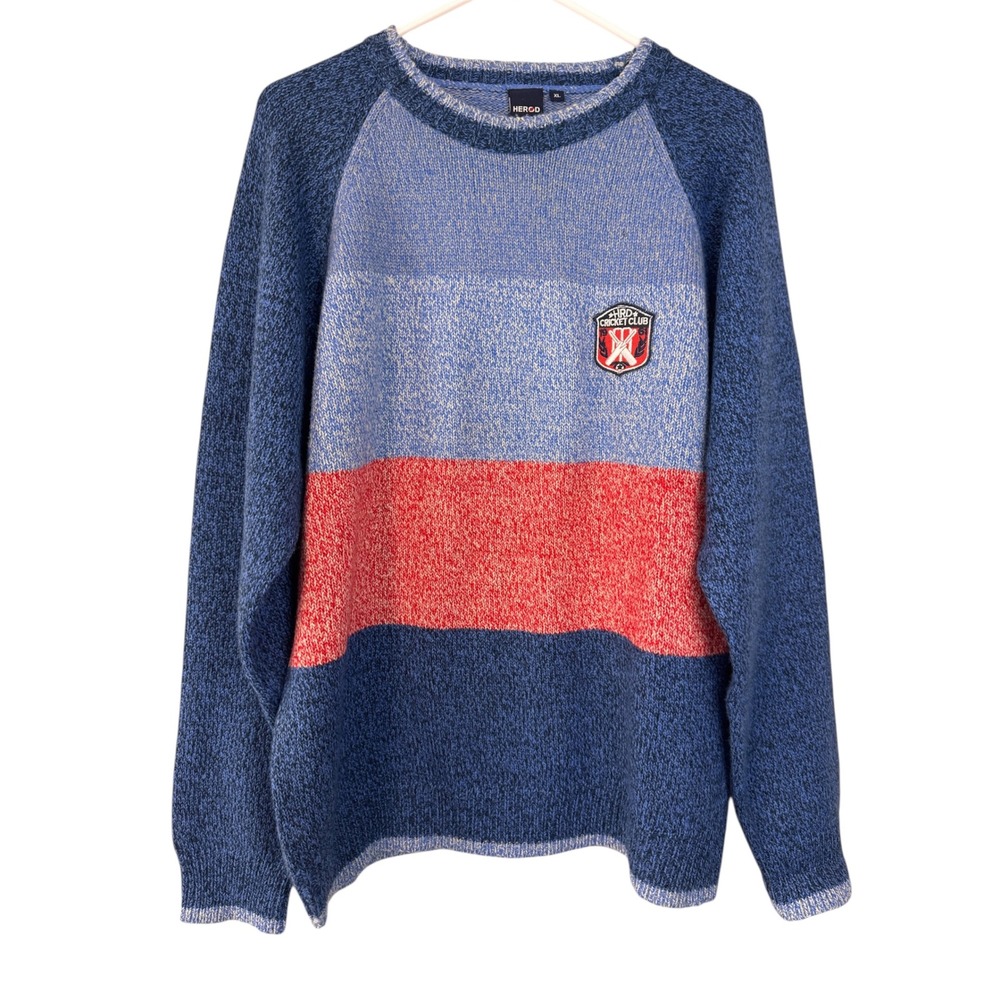 HEROD CRICKET CLUB Sweater Mens‎ XL Blue Red Stripe Raglan Crew Neck Knit